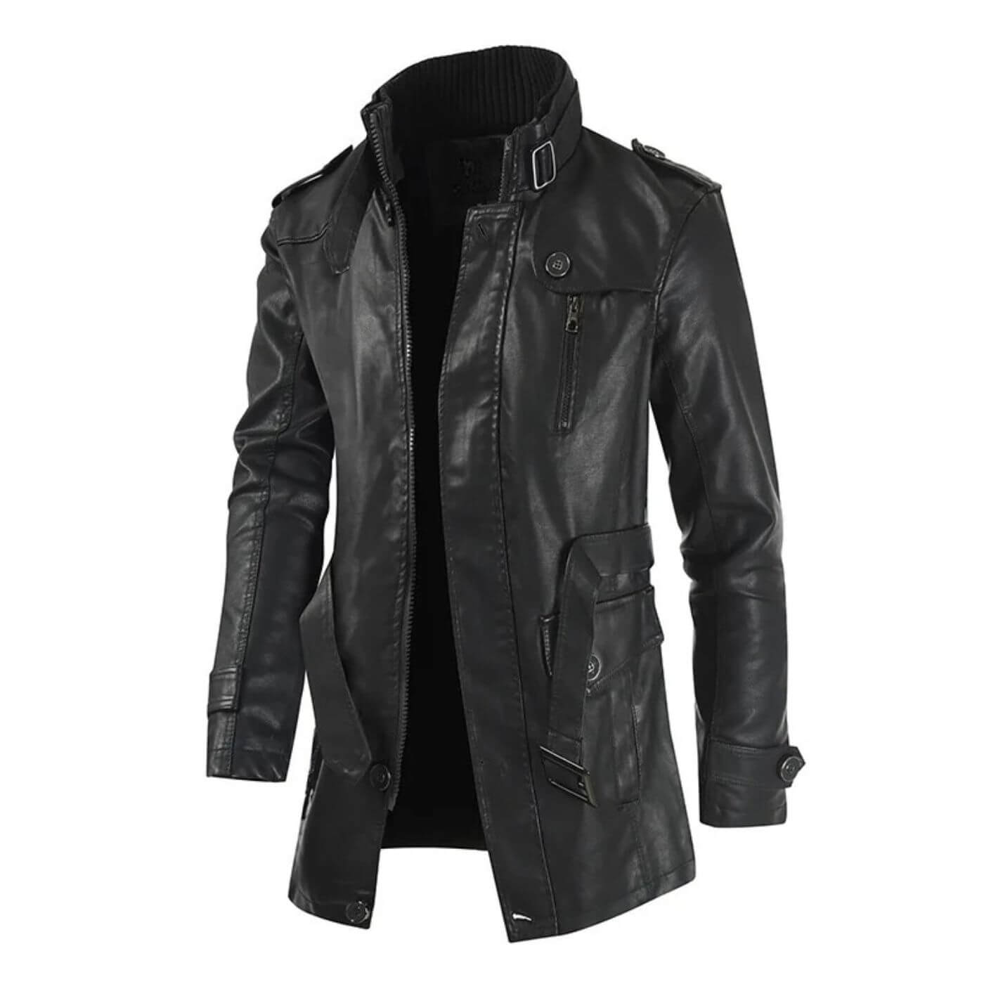 Schwarzer Kunstleder-Trenchcoat für Herren mit Reißverschlussdetails.