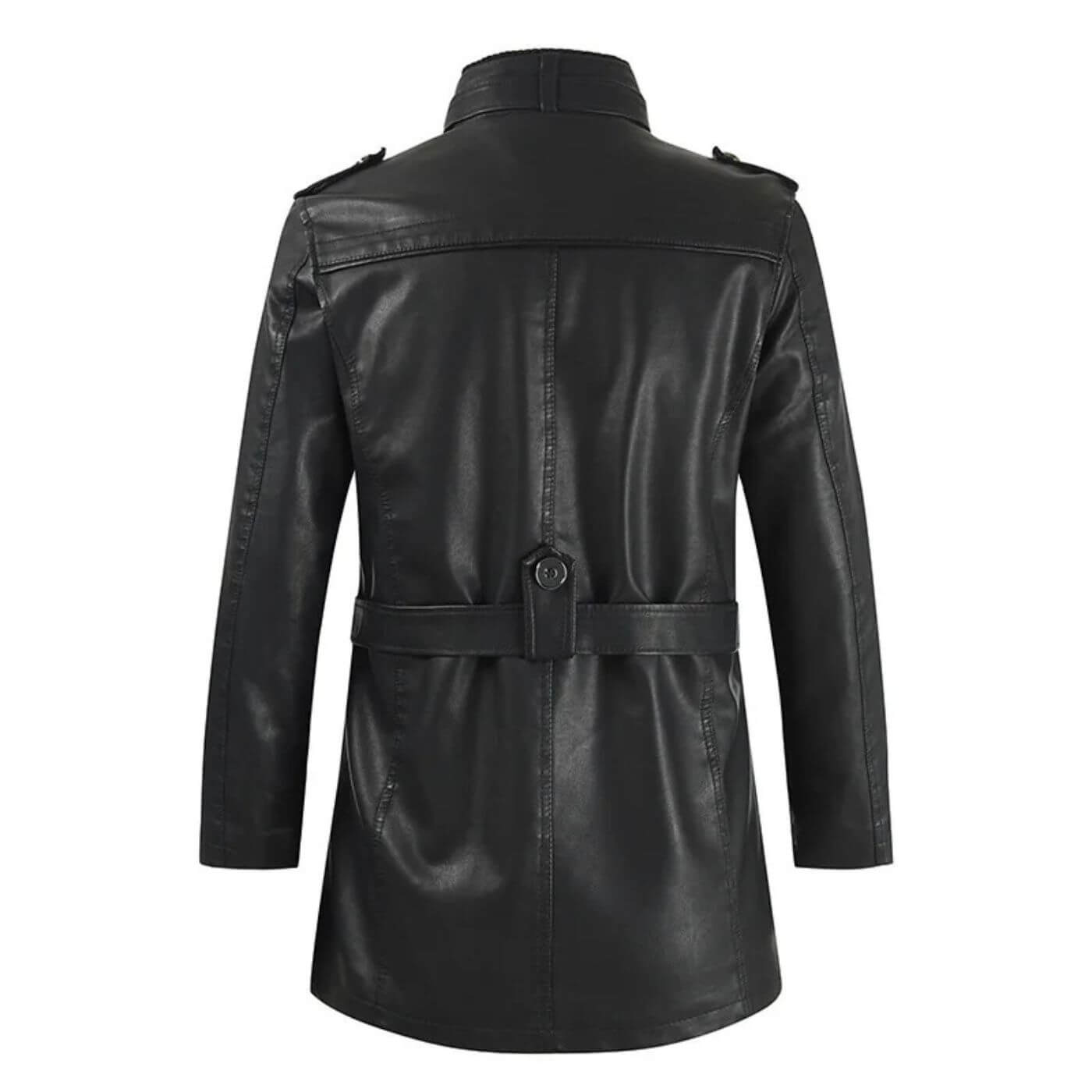 Rückansicht einer schwarzen Lederjacke mit Gürtel-Design.