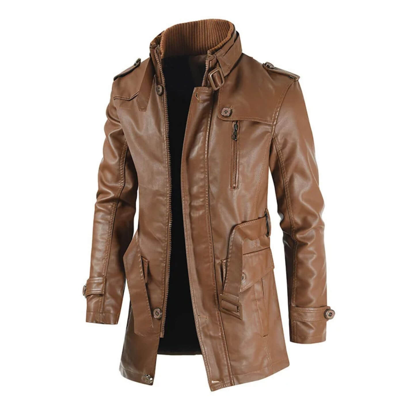 Brauner Leder-Trenchcoat mit modernem Slim-Fit.