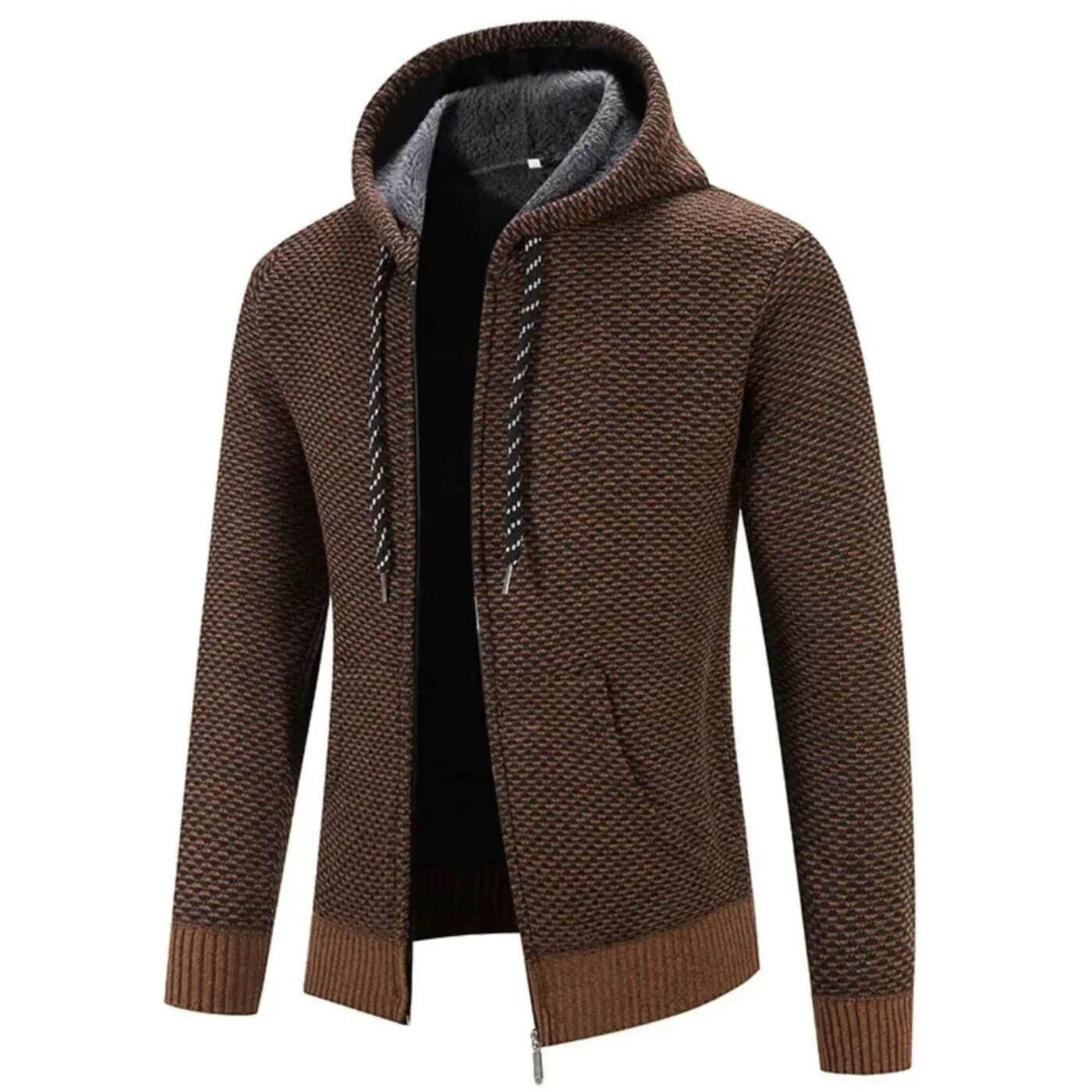 Braune Strickjacke mit Kapuze – Warme Fleecegefütterte Zip-Jacke