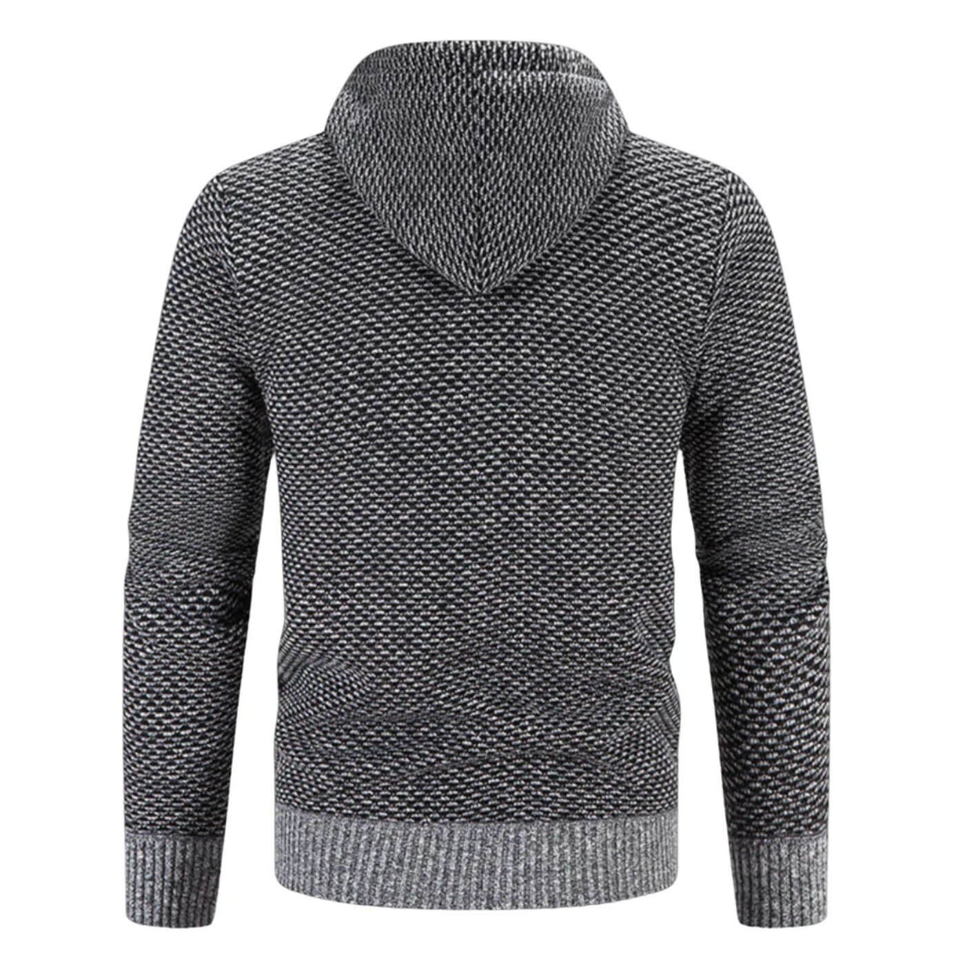 Rückansicht der grauen Strickjacke – Lässige & isolierte Sweatjacke