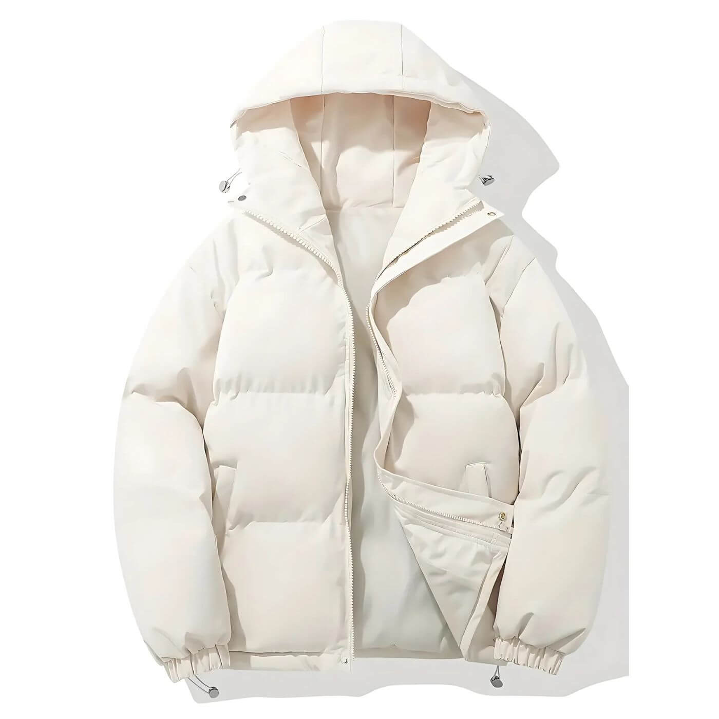 Weiße Daunenjacke mit Kapuze – Leicht & Warm | Klassische Winterjacke mit weicher Fütterung und verstellbaren Kordeln.