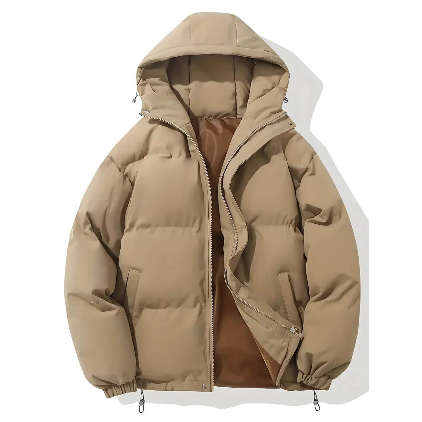 Beige Daunenjacke mit Kapuze – Modische, gefütterte Winterjacke mit weichem Innenfutter.