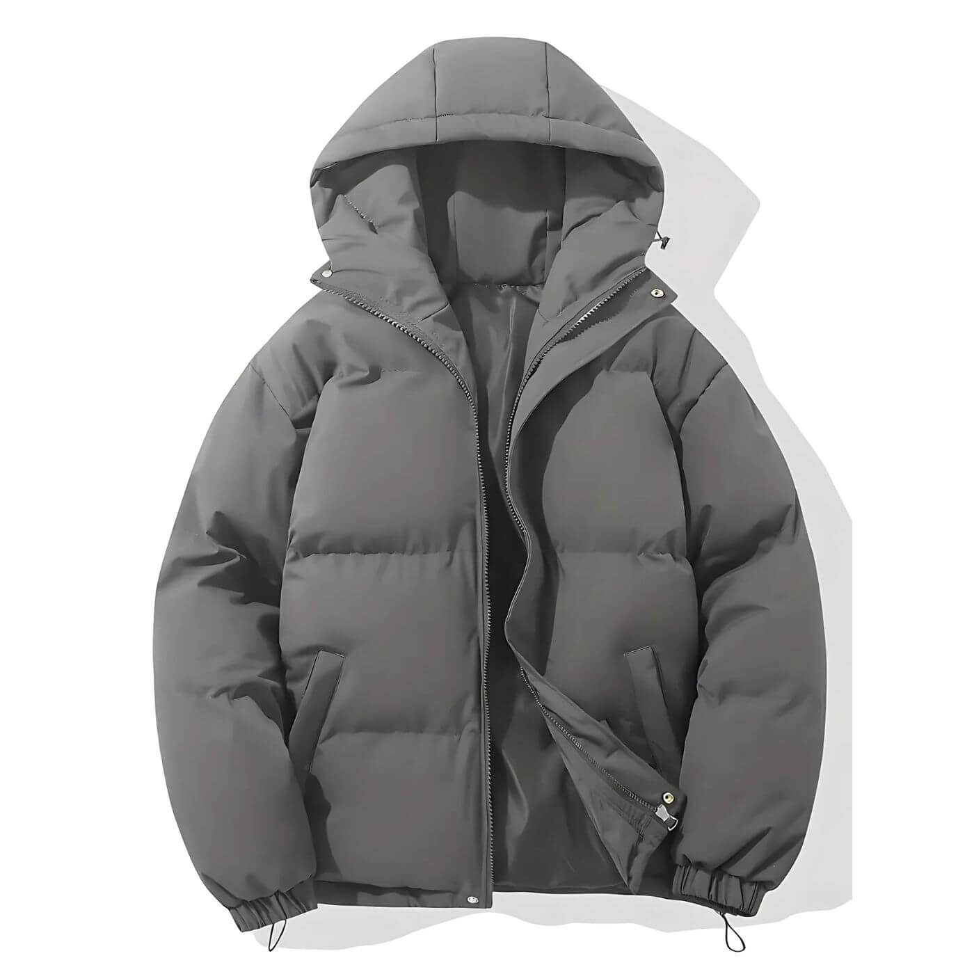 Dunkelgraue Winter-Daunenjacke – Klassischer Kapuzenmantel für Damen und Herren, winddicht und gemütlich.