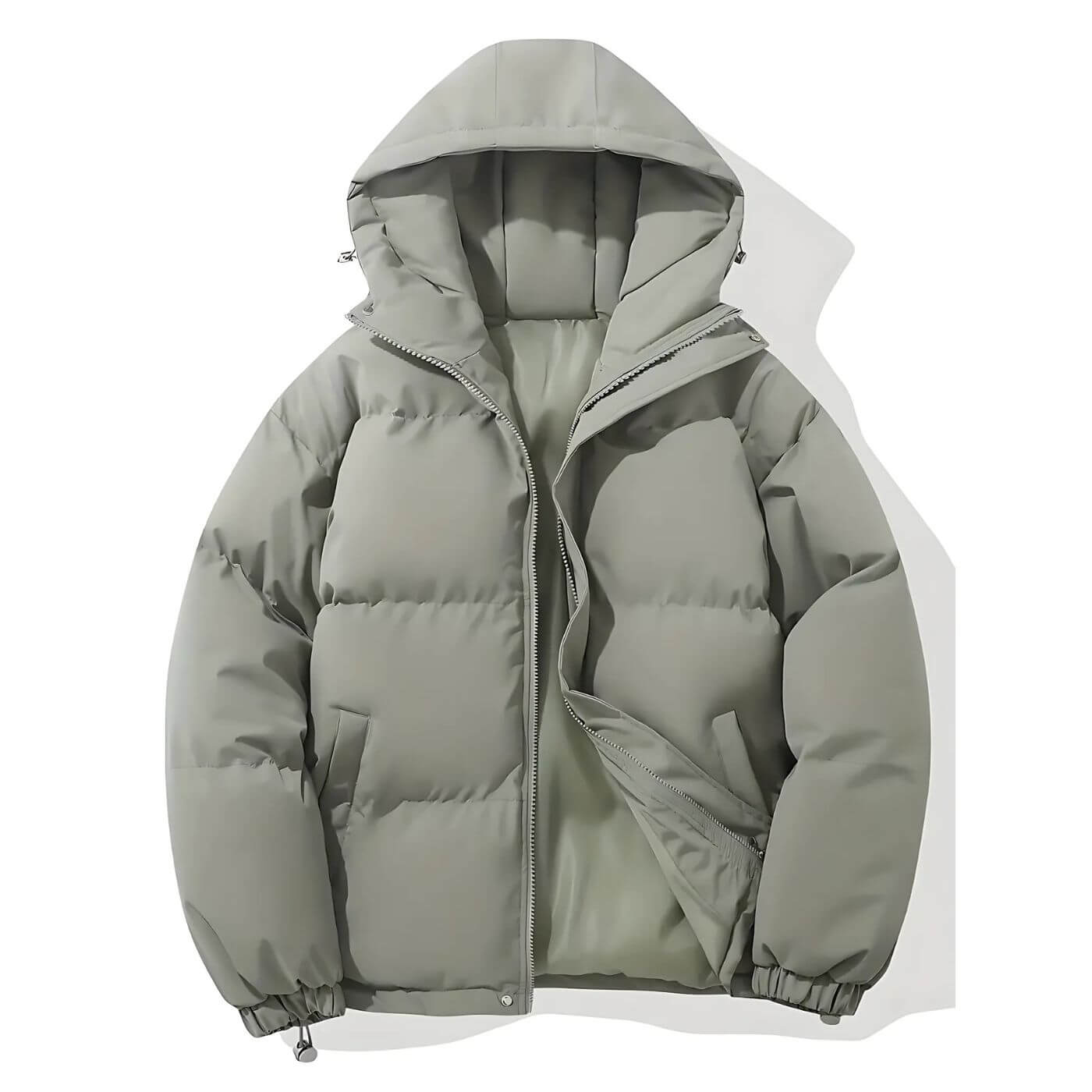 Hellgraue Steppjacke mit Kapuze – Stilvolle und warme Winterjacke mit Reißverschluss und Taschen.