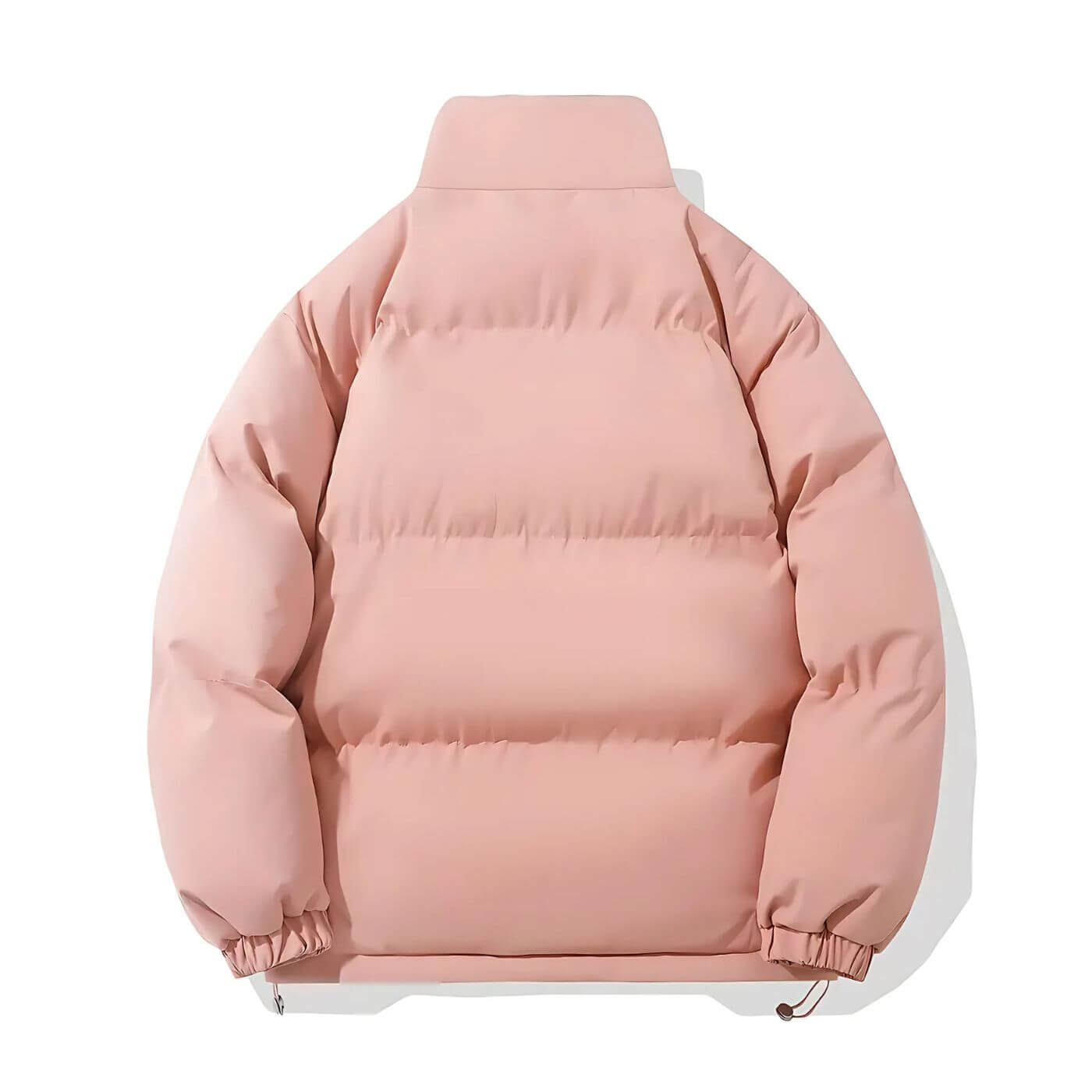 Rückansicht der rosa Daunenjacke | Warme, gepolsterte Winterjacke mit elastischen Bündchen und hohem Kragen.