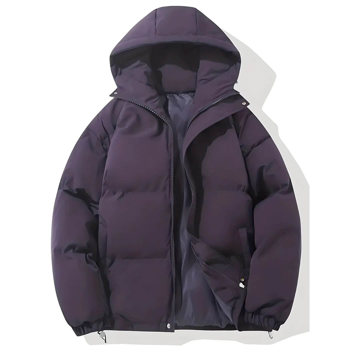 Dunkellila Daunenjacke für kaltes Wetter | Eleganter, isolierter Mantel mit Kapuze und Steppdesign.