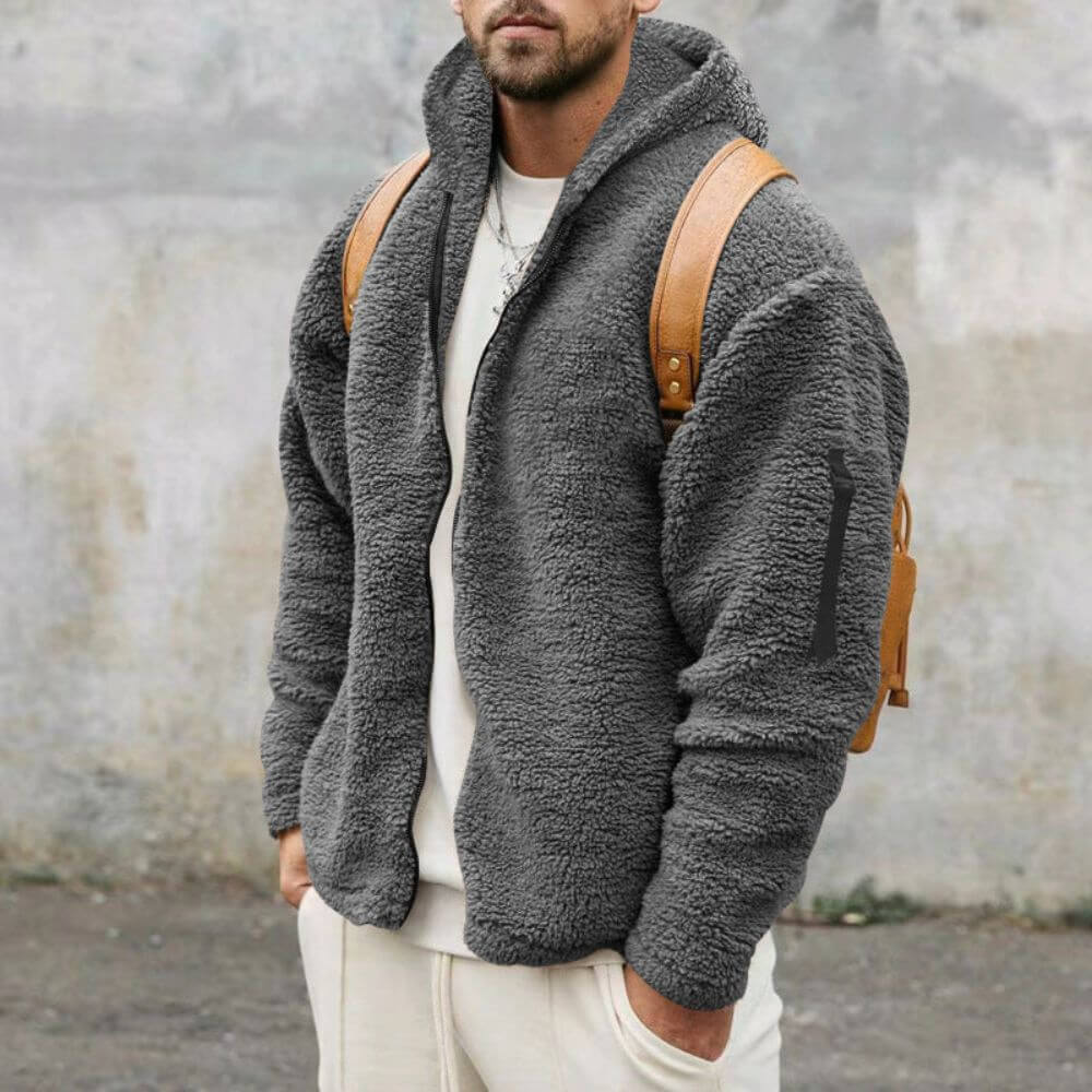 Graue Sherpa-Fleece-Kapuzenjacke für stilvolle Winter-Outfits.