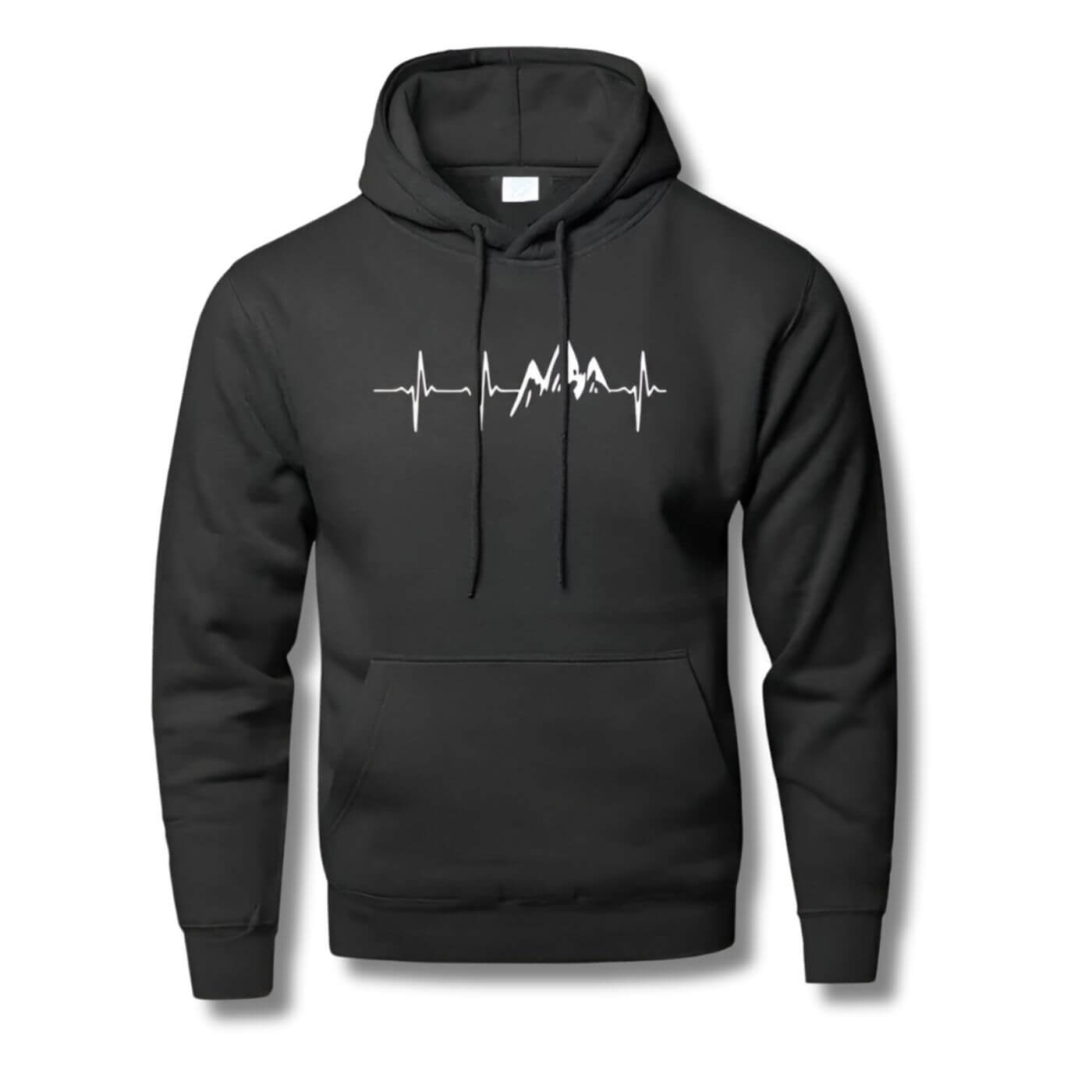 Schwarzes Sweatshirt mit Berg-Herzschlag-Design, Unisex-Stil, Frontansicht.