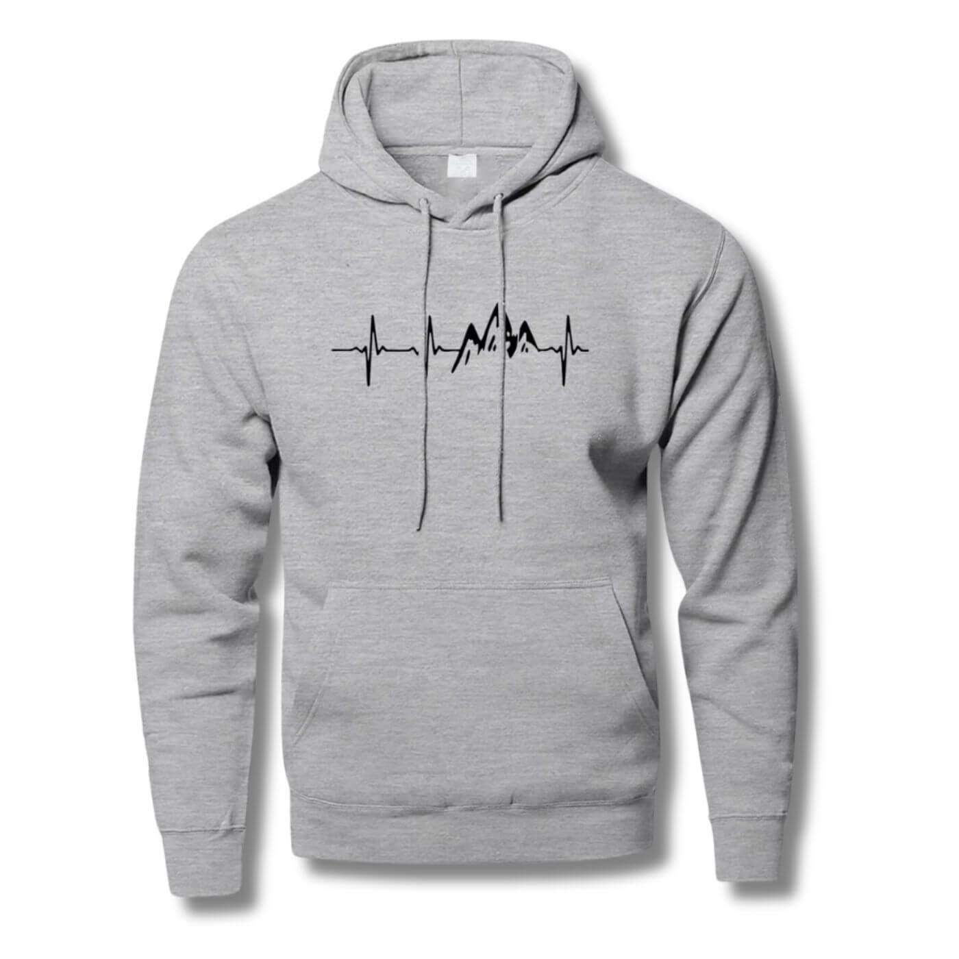 Hellgrauer Berg-Puls Hoodie – Weicher grauer Hoodie mit minimalistischem Berg-Herzschlag-Design. Ideal für Freizeit und Outdoor-Abenteuer.