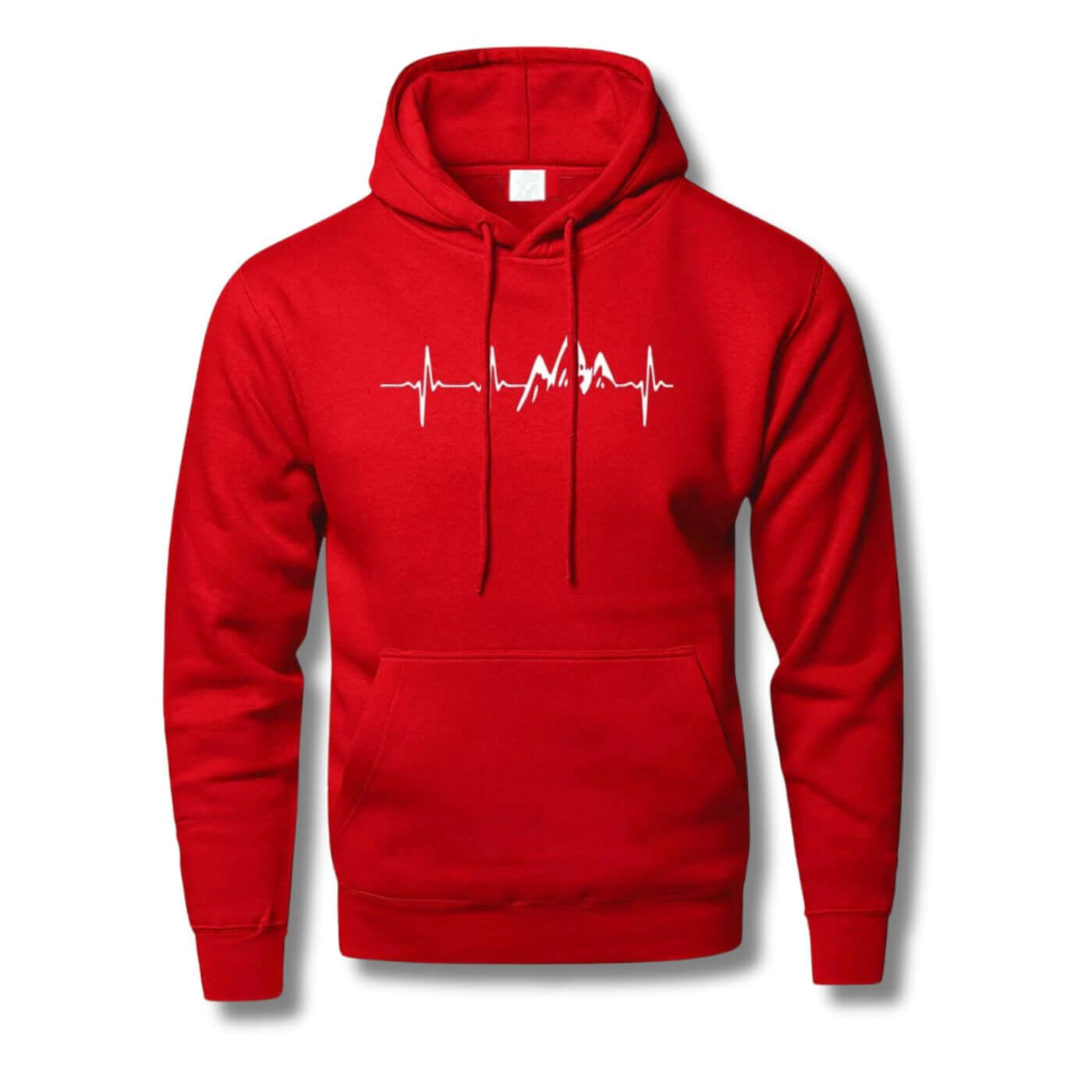 Rotes Sweatshirt mit Berg-Herzschlag-Grafik, kräftige Farbe
