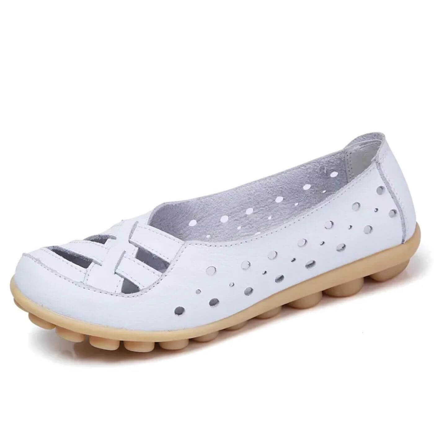Weiße Komfort-Ballerinas mit Belüftungslöchern und Massage-Sohle