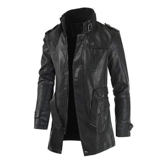 Schwarzer Kunstleder-Trenchcoat für Herren mit Reißverschlussdetails.