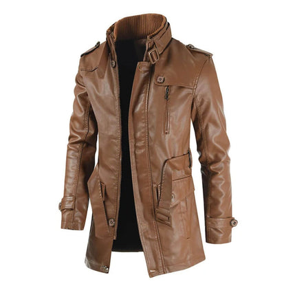 Brauner Leder-Trenchcoat mit modernem Slim-Fit.