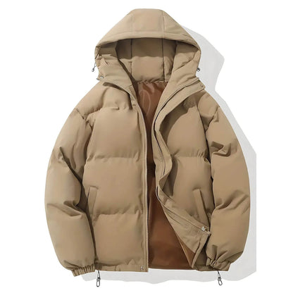 Beige Daunenjacke mit Kapuze – Modische, gefütterte Winterjacke mit weichem Innenfutter.