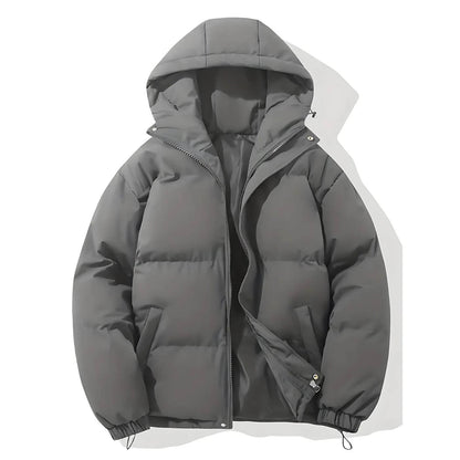 Dunkelgraue Winter-Daunenjacke – Klassischer Kapuzenmantel für Damen und Herren, winddicht und gemütlich.
