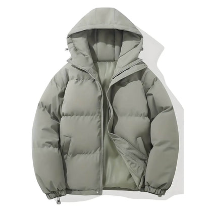 Hellgraue Steppjacke mit Kapuze – Stilvolle und warme Winterjacke mit Reißverschluss und Taschen.