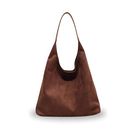 Minimalistische braune Wildleder-Hobo-Tasche mit weicher Textur und lässiger Silhouette.