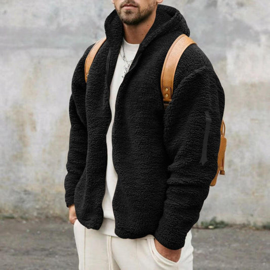Schwarze Plüsch-Fleece-Kapuzenjacke für Herren, lässiger Winterstil.