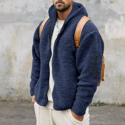 Marineblaue Teddy-Fleece-Kapuzenjacke, perfekt für kalte Tage.