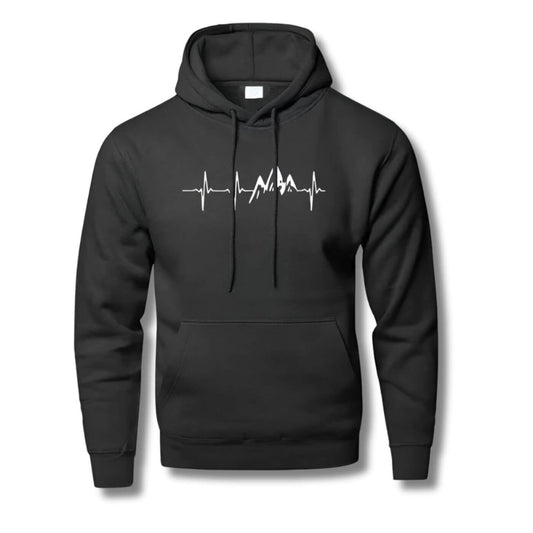 Schwarzes Sweatshirt mit Berg-Herzschlag-Design, Unisex-Stil, Frontansicht.