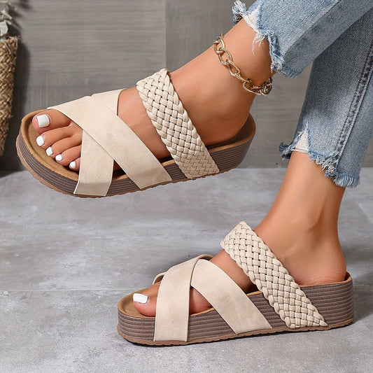 Khaki geflochtene Sandalen Damen